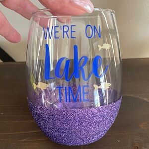 Purple Glitter “Lake Time” 16 oz Beverage/Wine Glass